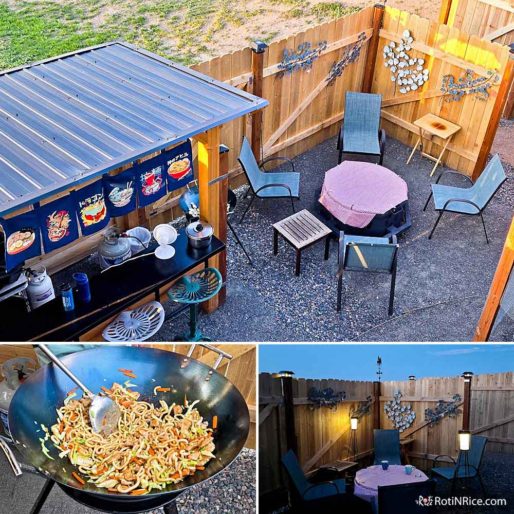 Fully completed outdoor cooking and seating area.