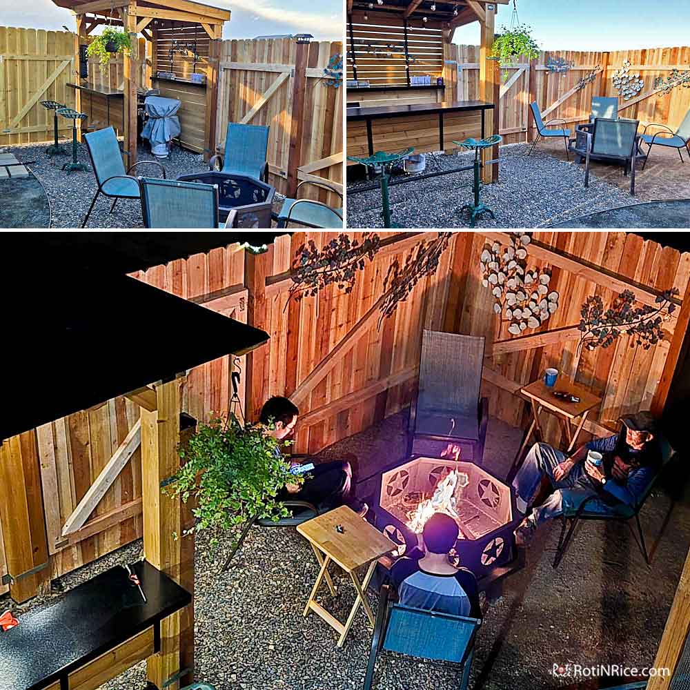 A cozy, Outdoor Kitchen area with sitting area and fire bowl.