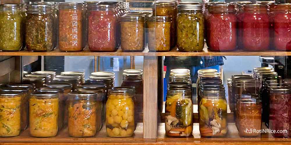 Jars of preserved vegetables from the garden.