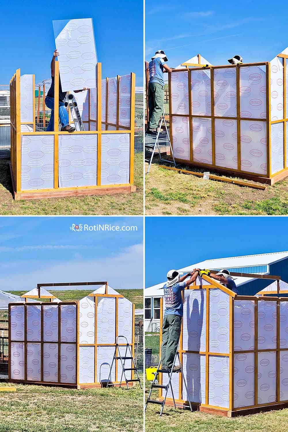 Sliding the remaining polycarbonate panels into the wall and installing the roof.