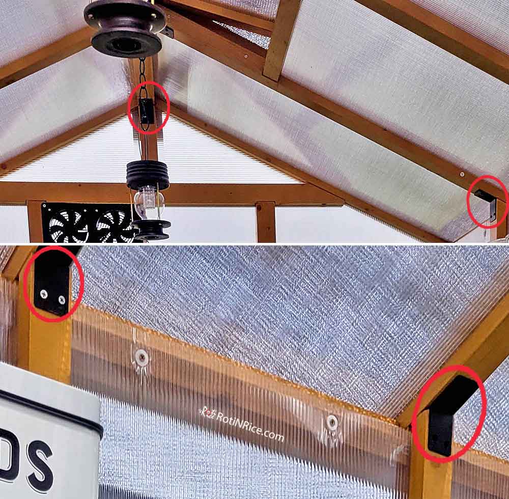 Metal brackets attached to the walls and roof to keep the entire structure more rigid and sturdy.