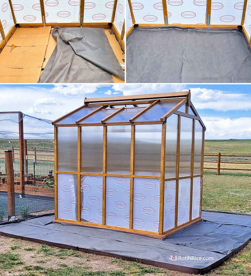 Covering the floor of the greenhouse with mesh, cardboard, and landscape fabric for spreading crushed granite on it.