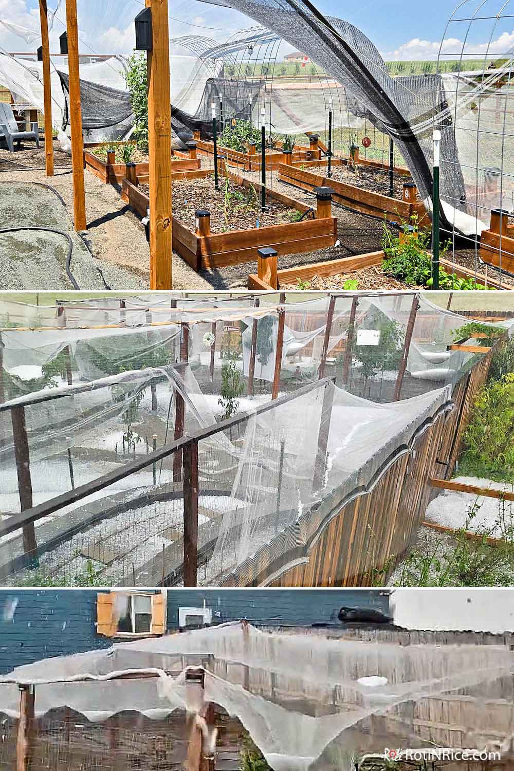 Large quantities of hail damaging the hail cloth and structures.